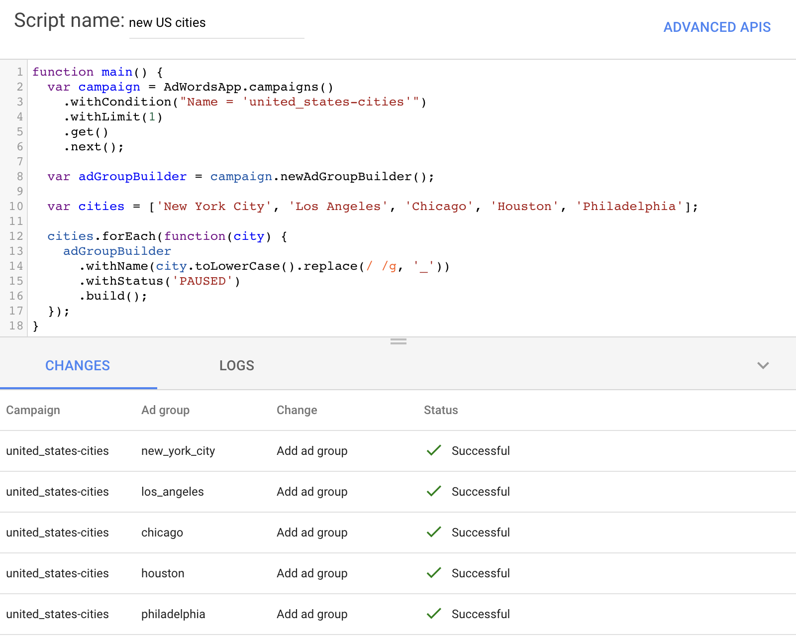 ad group builder cities preview