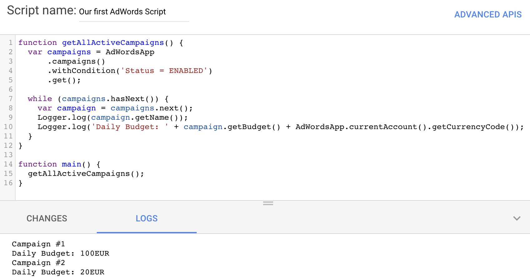 Execution Logs, Google Ads Scripts